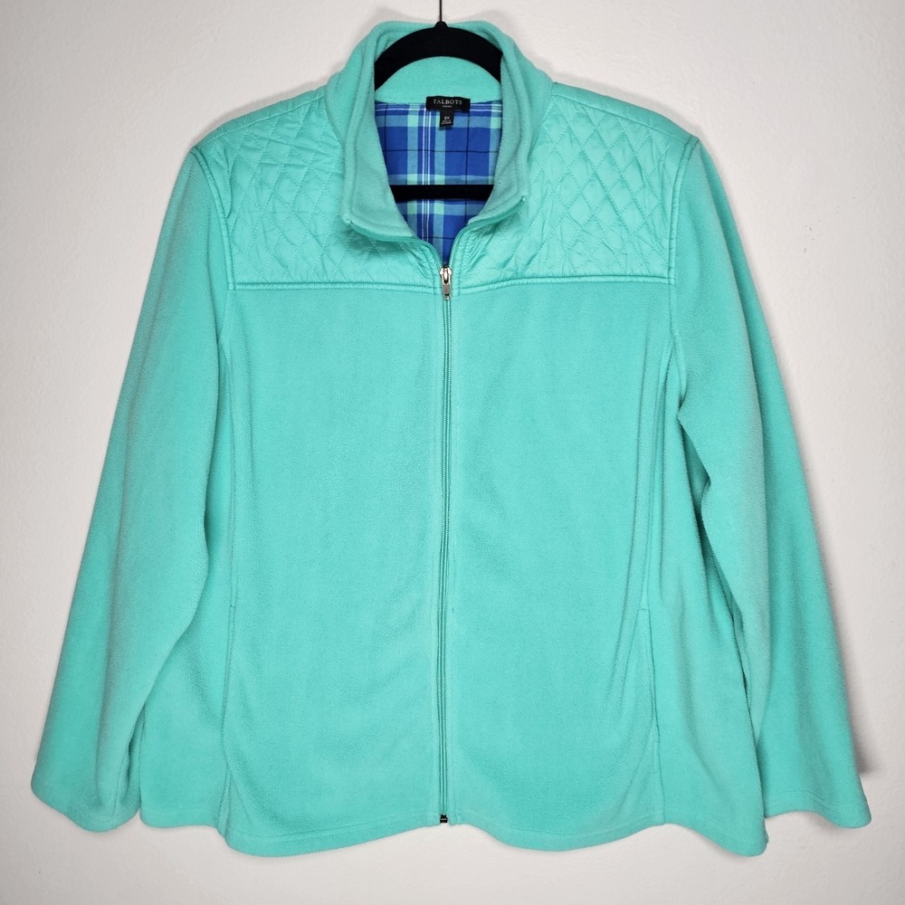 Talbots Womens 2X Blue/Green Full Zip Fleece Jacket‎ Comfort Stretch Warm Cozy